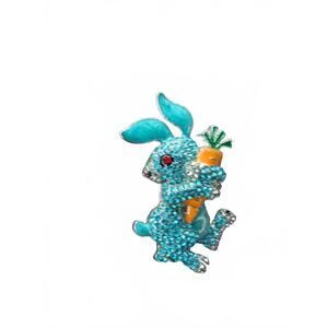 Vintage Blue Bunny Rabbit Brooch with Carrot Rhinestone Pin